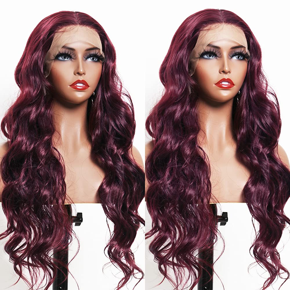 ANDRIA lace front wigs Glueless Lace Wig Long Loose Wave Synthetic Heat Resistant Fiber Wig With Baby Hair Long Curly Colorful Burgundy Wine Red Colored lace front wig for Black Women 99j Wig 24 Inch