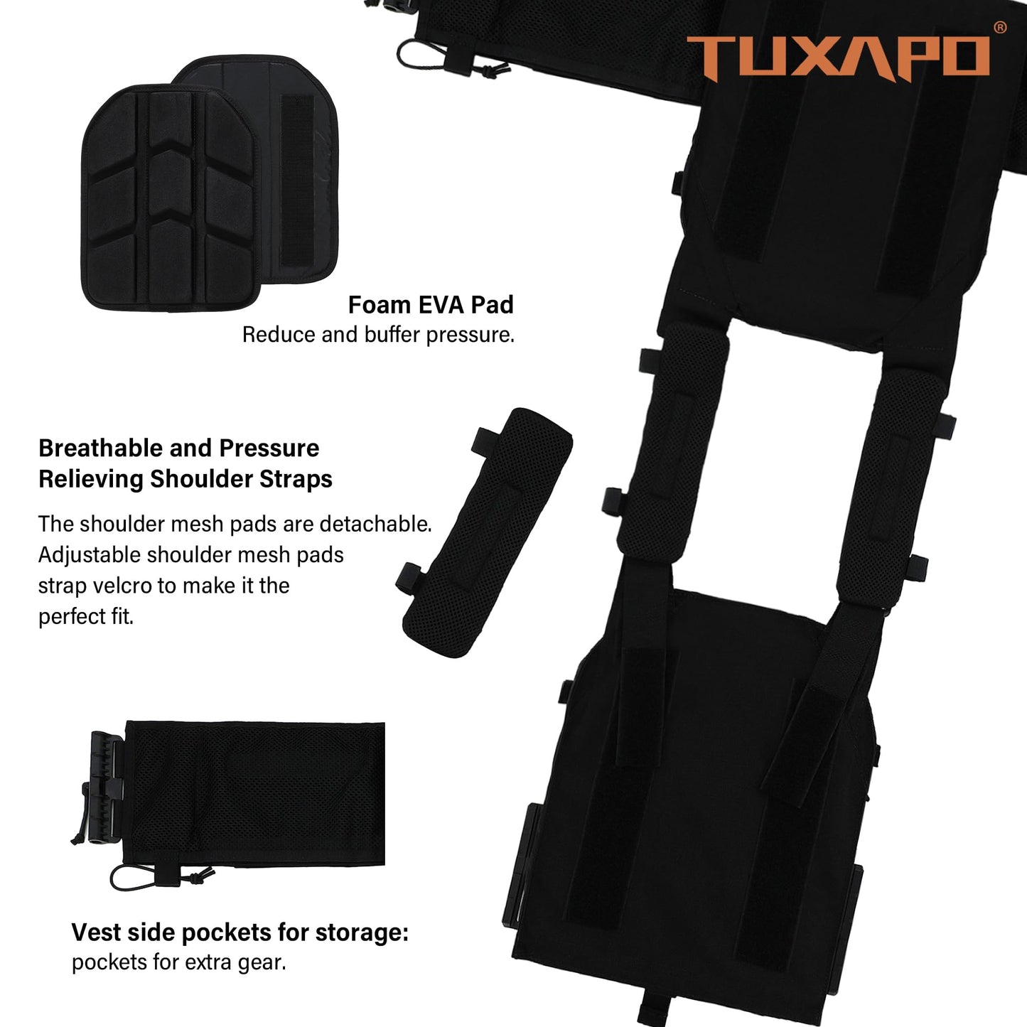Tuxapo Tactical Molle Vests with Triple mag Pouch and Side Cummerbund Pouches, Quick Release Vests for Men