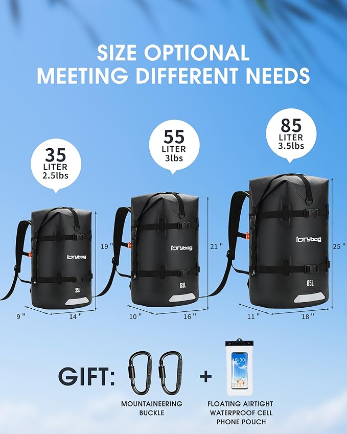 IDRYBAG Waterproof Backpack for Travel, Kayaking, Boating, Swimming, Floating Paddle Boarding - Submersible Dry Bag 35L/55L/85L