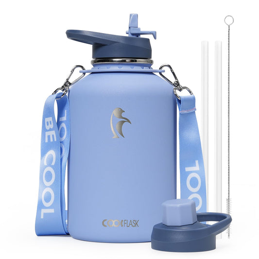 Coolflask 64 oz Water Bottle with Strap, Insulated Half Gallon Large Water Jug with Straw & Spout Lids, Stainless Steel Metal Flask, Keep Cold 48h Hot 24h, Leak Proof & Non-BPA, Dutch Blue