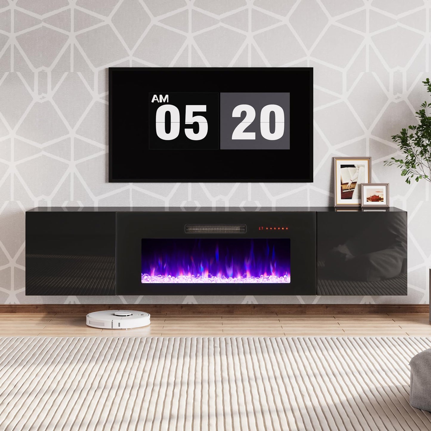 AMERLIFE Floating TV Stand with 36" Electric Fireplace, High Gloss Finish Wall Mounted Fireplace Entertainment Center with Storage for TVs Up to 78", Black