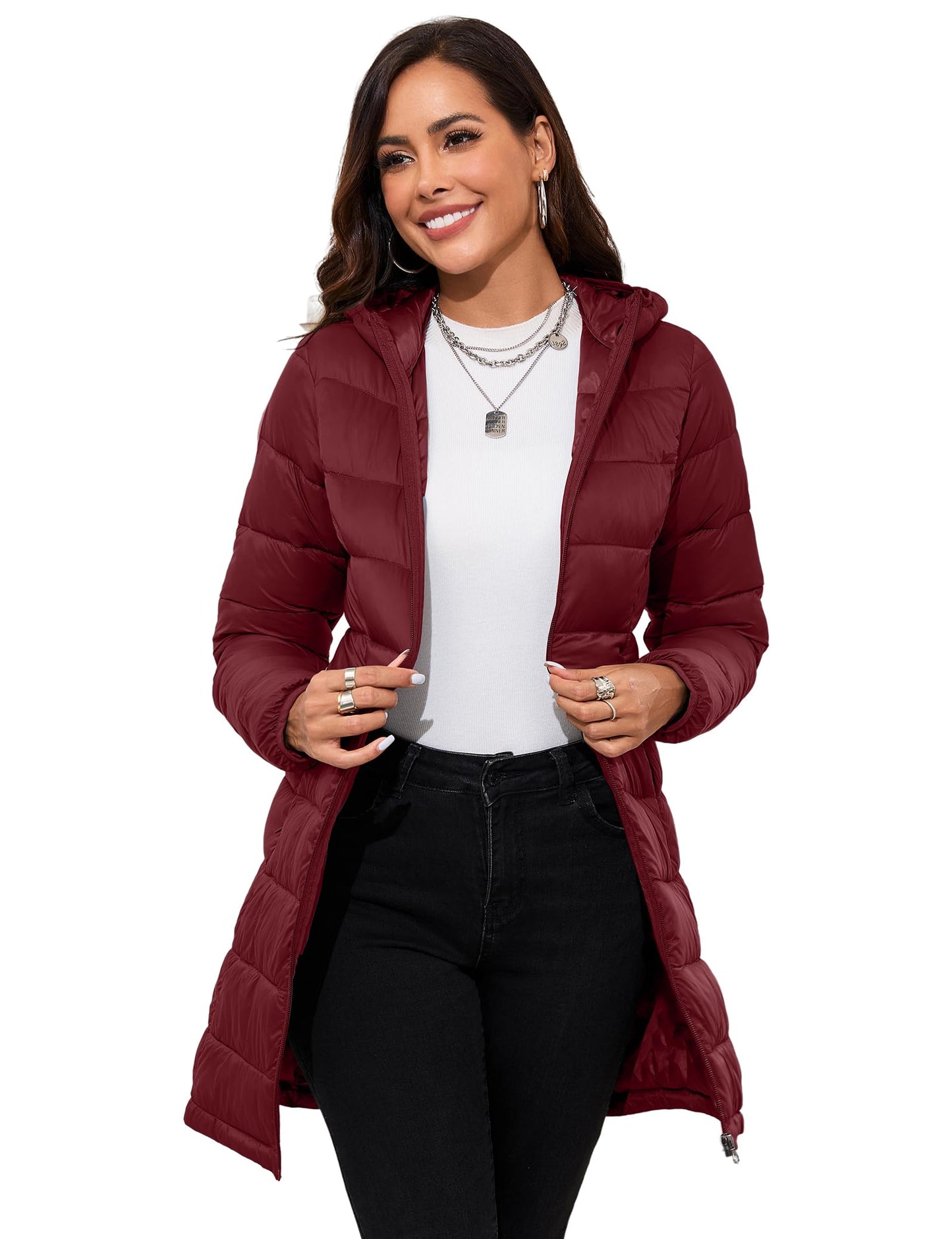 ANOTHER CHOICE Women Packable Puffer Jacket Lightweight Hooded Puffy Jacket (Wine Red, S)
