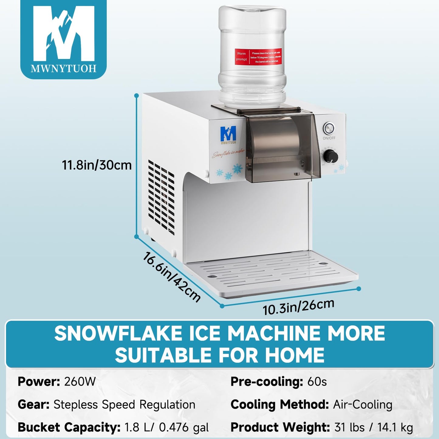 MWNYTUOH Snowflake Ice Machine,260W Shaved Ice Machine for Snowflake, Rapid Cooling, Food-Grade Stainless Steel Material, Snowflake Ice Maker for Kids/Homemade Ice Cream,Suitable for Party＆Homemade