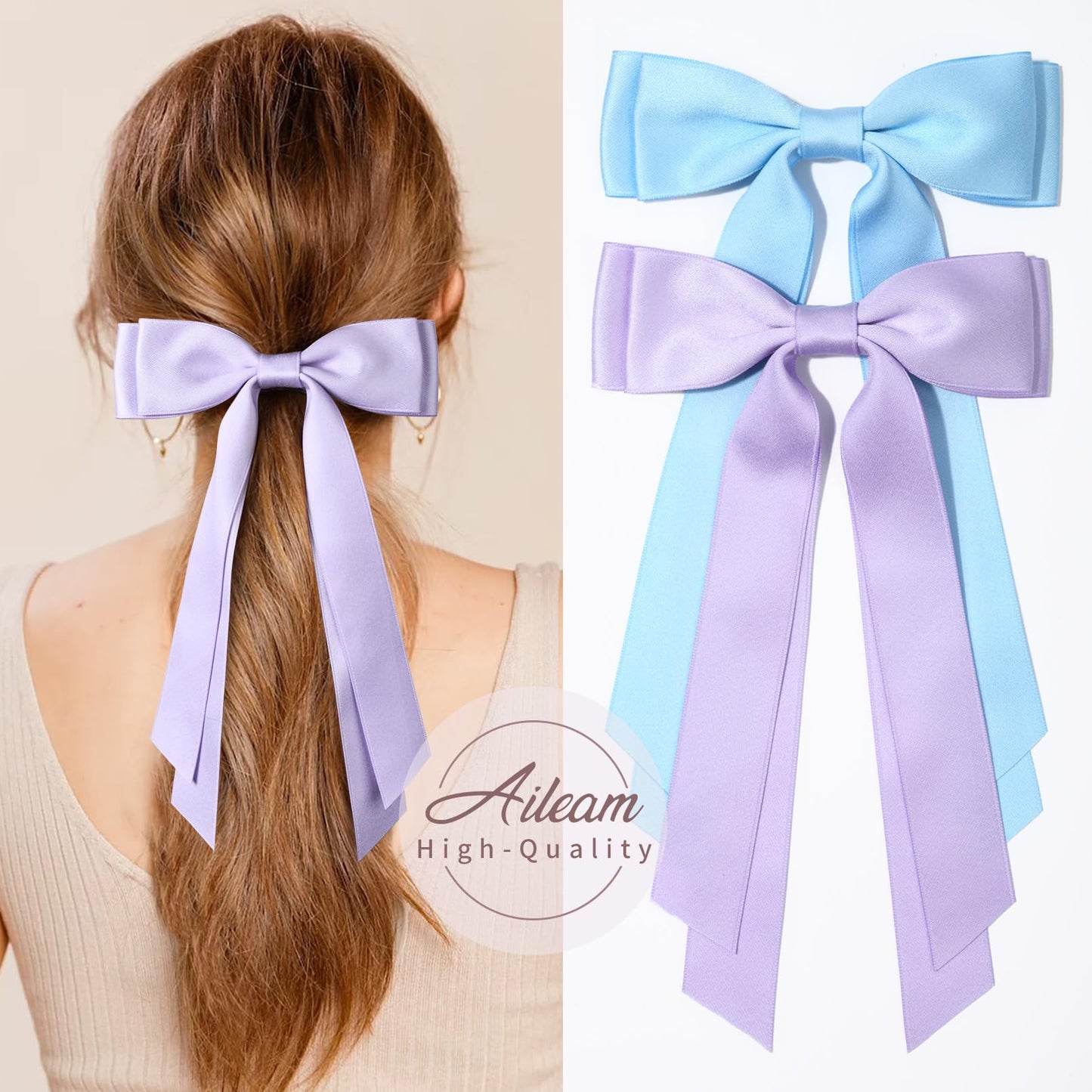 Aileam 2PCS Silky Satin Hair Bows Hair Clip Blue Purple Hair Ribbon Ponytail Holder Accessories Slides Metal Clips Hair Bow for Women Girls Toddlers Teens Kids