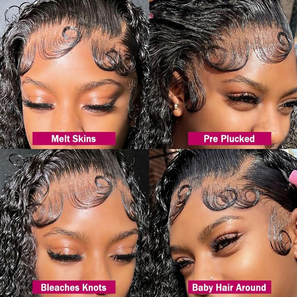 ANDRIA 13x4 HD Lace Front Wigs 28 Inch Black Curly Lace Front Wig with Baby Hair Pre-Plucked Glueless Lace Frontal Wigs Heat Resistant Synthetic Hair 200% Density Natural Color Long Deep Wave Wigs