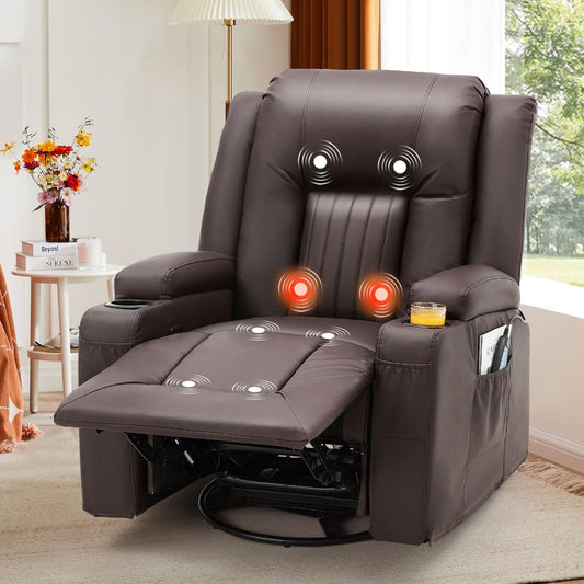 YODOLLA Massage Manual Recliner Chair with Heat, Leather Rocking Swivel Recliner Lazy Boy Recliner Chair w/ 2 Side Pockages, 2 Cup Holders for Living Room, RV, Brown