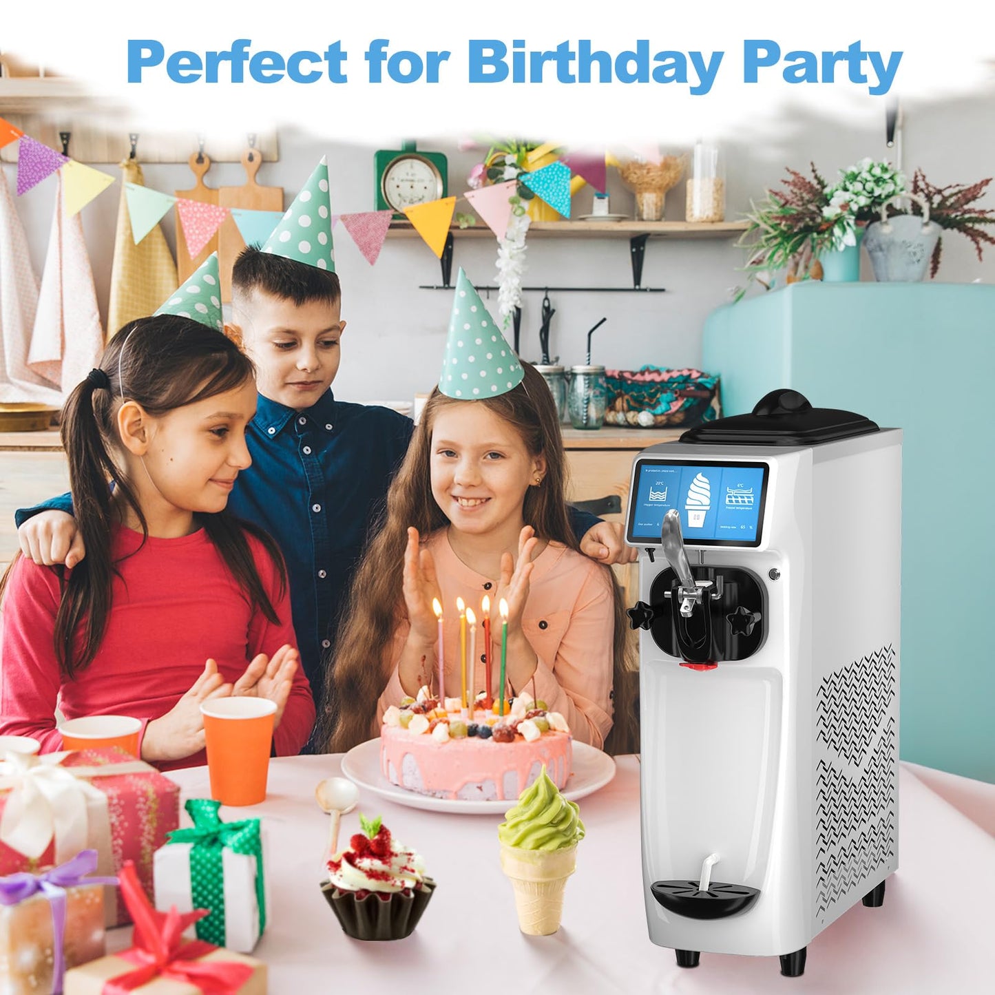 Soft Serve Ice Cream Machine, 7 Inch Screen Ice Cream Maker Machine 4.2 to 4.6 Gal/H Ice Cream Maker Machine with Pre-Cooling Soft Serve Machine with 1.6 Gals Tank for Party Store School Home