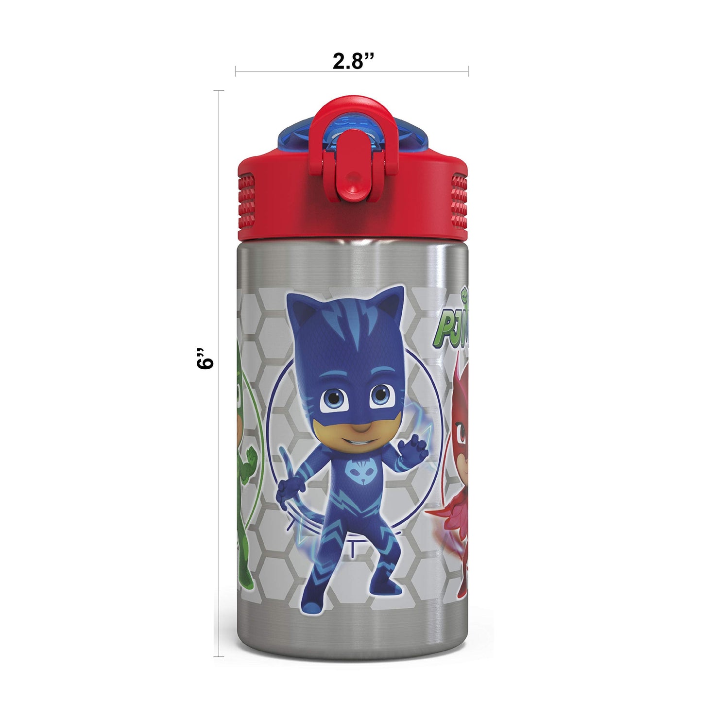 Zak Designs PJ Masks 15.5oz Stainless Steel Kids Water Bottle with Flip-up Straw Spout - BPA Free Durable Design, PJ Masks SS, Catboy, Owlette & Gekko, Single Wall