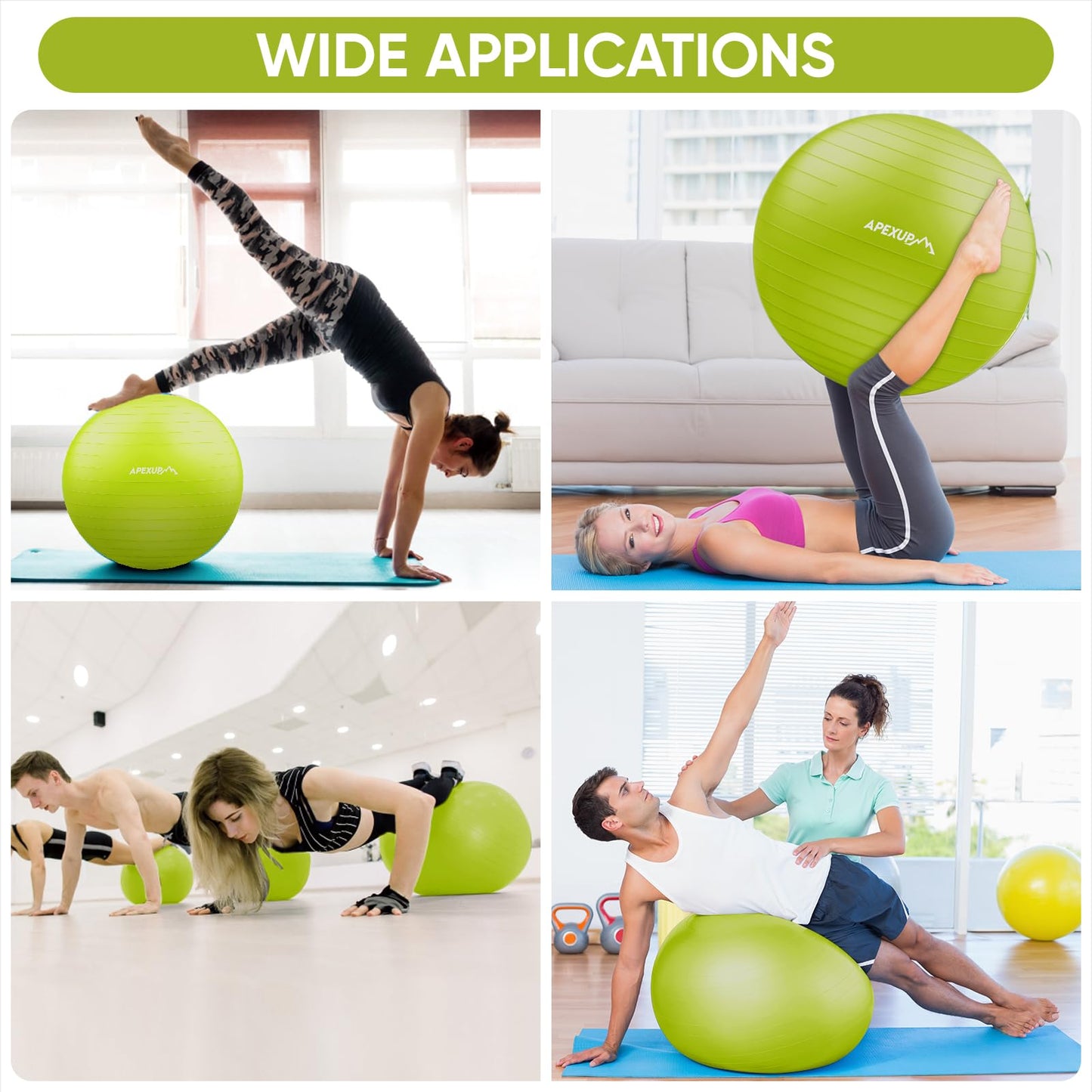 APEXUP Yoga Ball Exercise Ball, Anti Slip Stability Ball Chair, Heavy Duty Large Gym Ball for Fitness, Balance, Core Workout and Physical Therapy (S (15"~18") 45cm, Green)