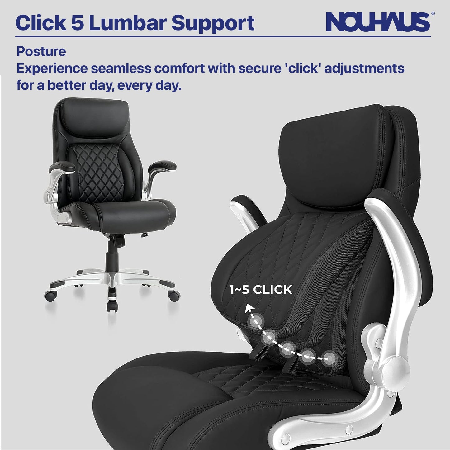 Nouhaus +Posture Ergonomic PU Leather Office Chair. Click5 Lumbar Support with FlipAdjust Armrests. Modern Executive Chair and Computer Desk Chair (Black)