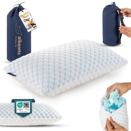 alkamto Cooling Shredded Memory Foam Pillow for Travel and Camping – Adjustable Gel for Personalized Support – Double-Sided Ice Silk & Soft Rayon – Lightweight, Compressible (White) (Travel)