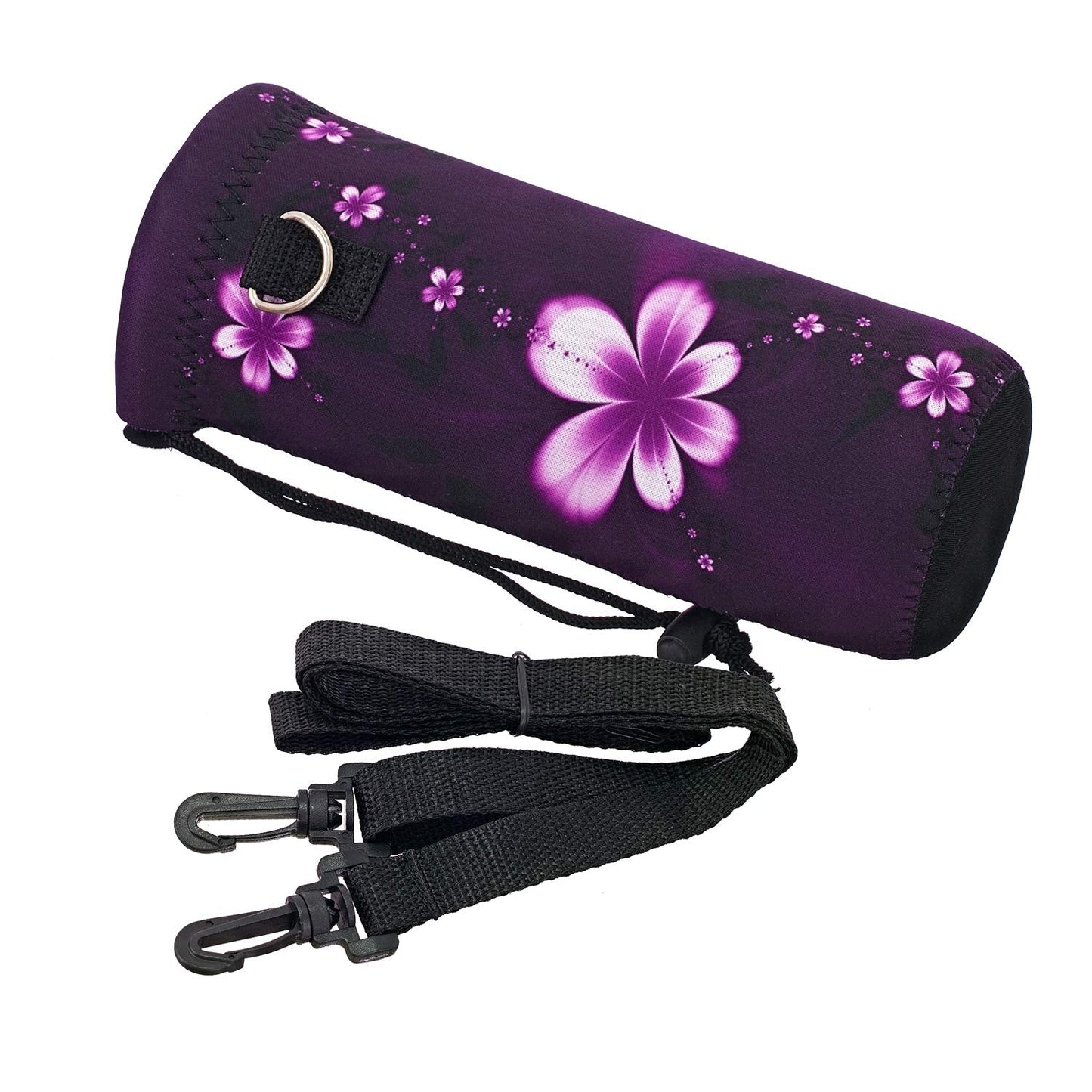RICHEN Neoprene Water Bottle Carrier Bag with Adjustable Shoulder Strap,Insulated Water Bottle Cover for 500ml/16oz Stainless Steel/Glass/Plastic Bottles (Purple Flowers,500ML)