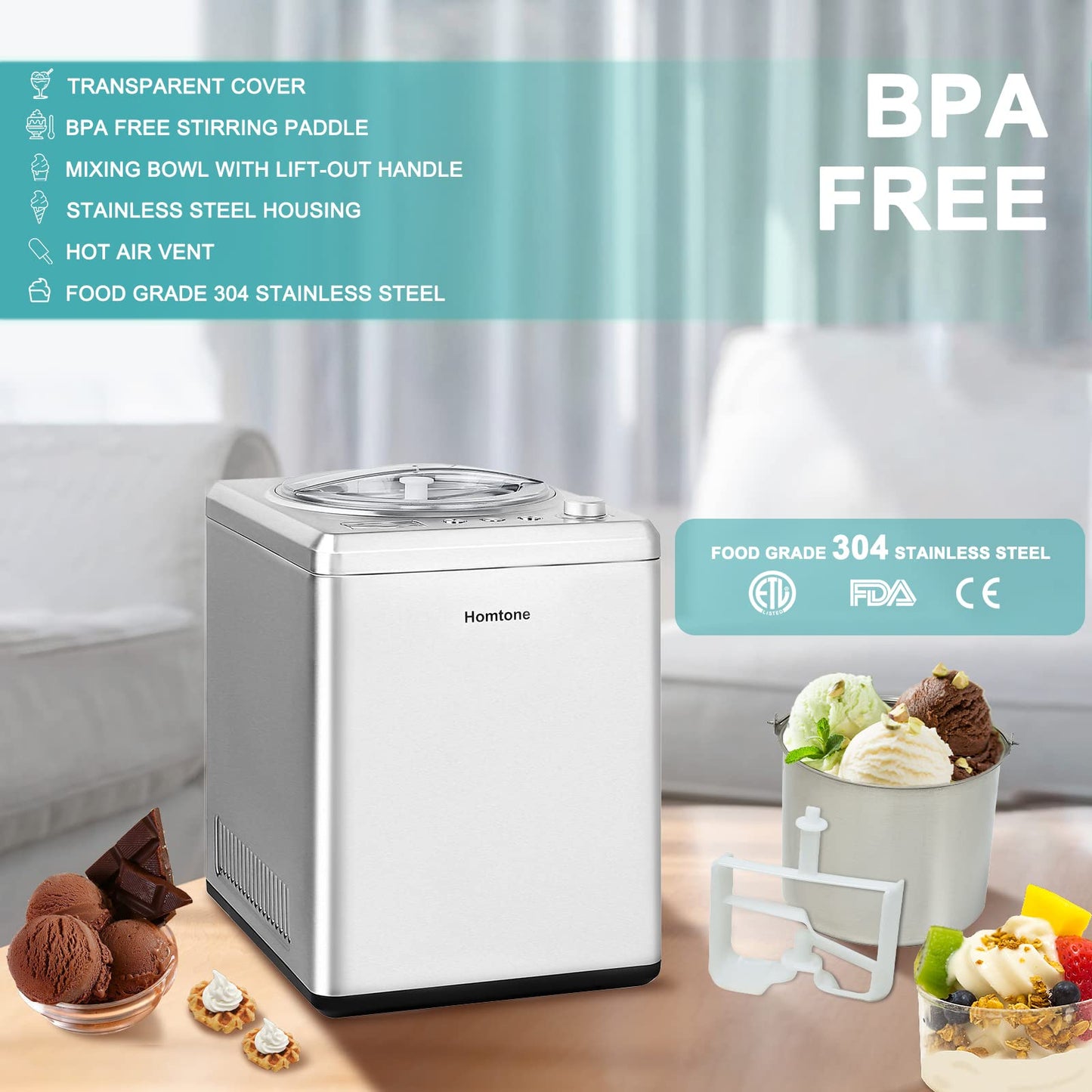 Homtone 2.64 QT Ice Cream Maker, No pre-Freezing & Large Capacity Automatic Ice Cream Machine with Compressor, Easy Operate & Clean, Keep Cooling for 2H, All Stainless Steel, LCD Digital Display