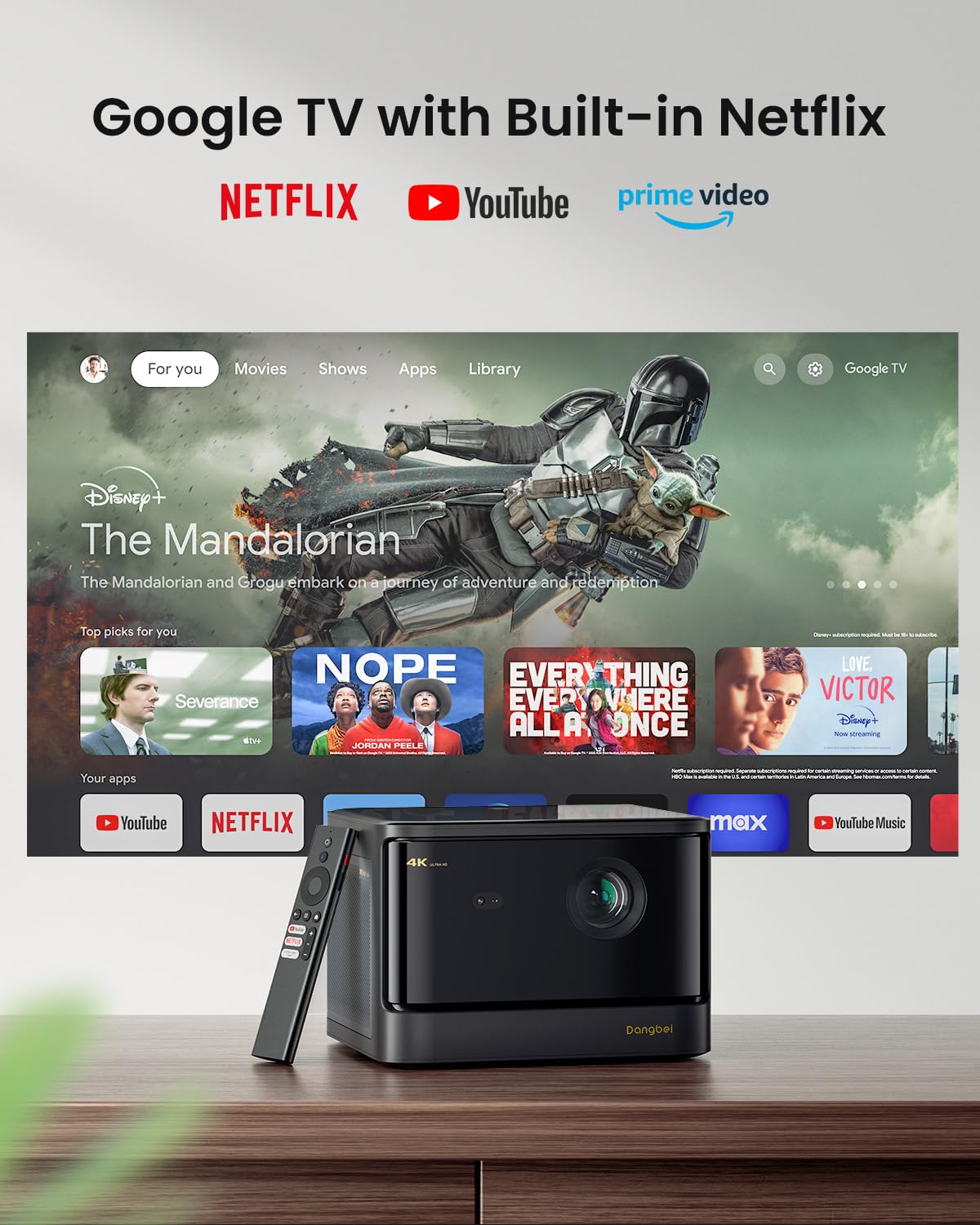 Dangbei DBOX02 Laser Projector 4K GTV, 2450 ISO Lumens, Netflix Officially Licensed, Blu-ray 3D, Home Theater Projector with WiFi and Bluetooth, HDR10+, 200-inch Picture, 2x12W DTS:, Dolby Audio