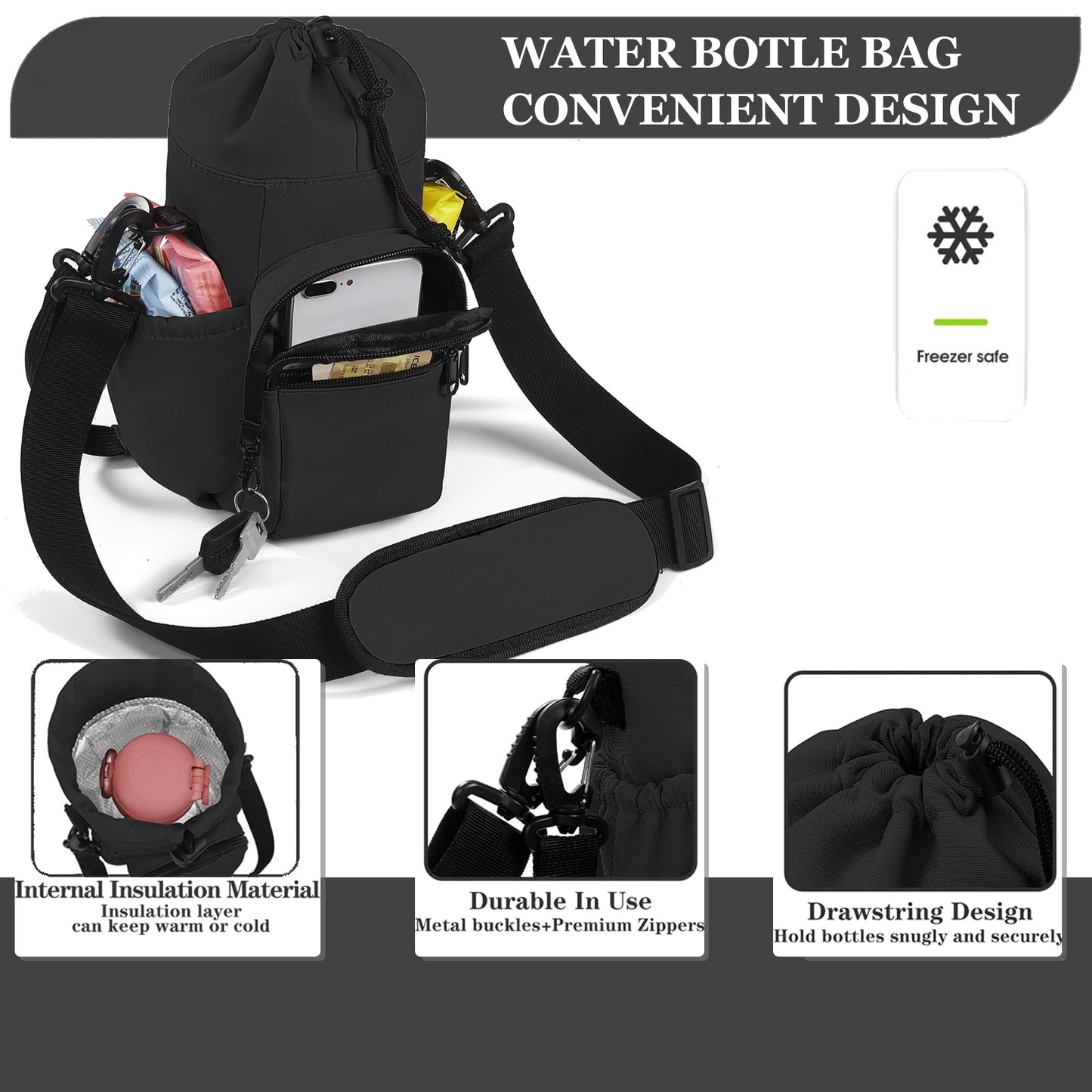 FCQQYWZ Half Gallon Water Bottle Sling Bag Case,64/87oz Insulated Crossbody Water Bottle Pouch Holder Sleeve for Walking with Strap and Pockets for Men/Women Walking Hiking Camping Travel (Balck)