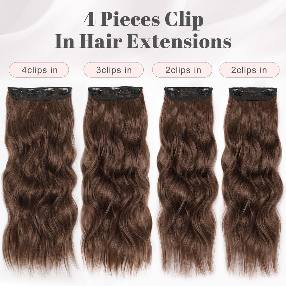 ALXNAN Clip in Hair Extensions for Women,Light Brown Long Wavy Hair Extensions Clip Ins 4PCS 20 Inch Synthetic Soft and Natural Thick Hair Pieces for Women