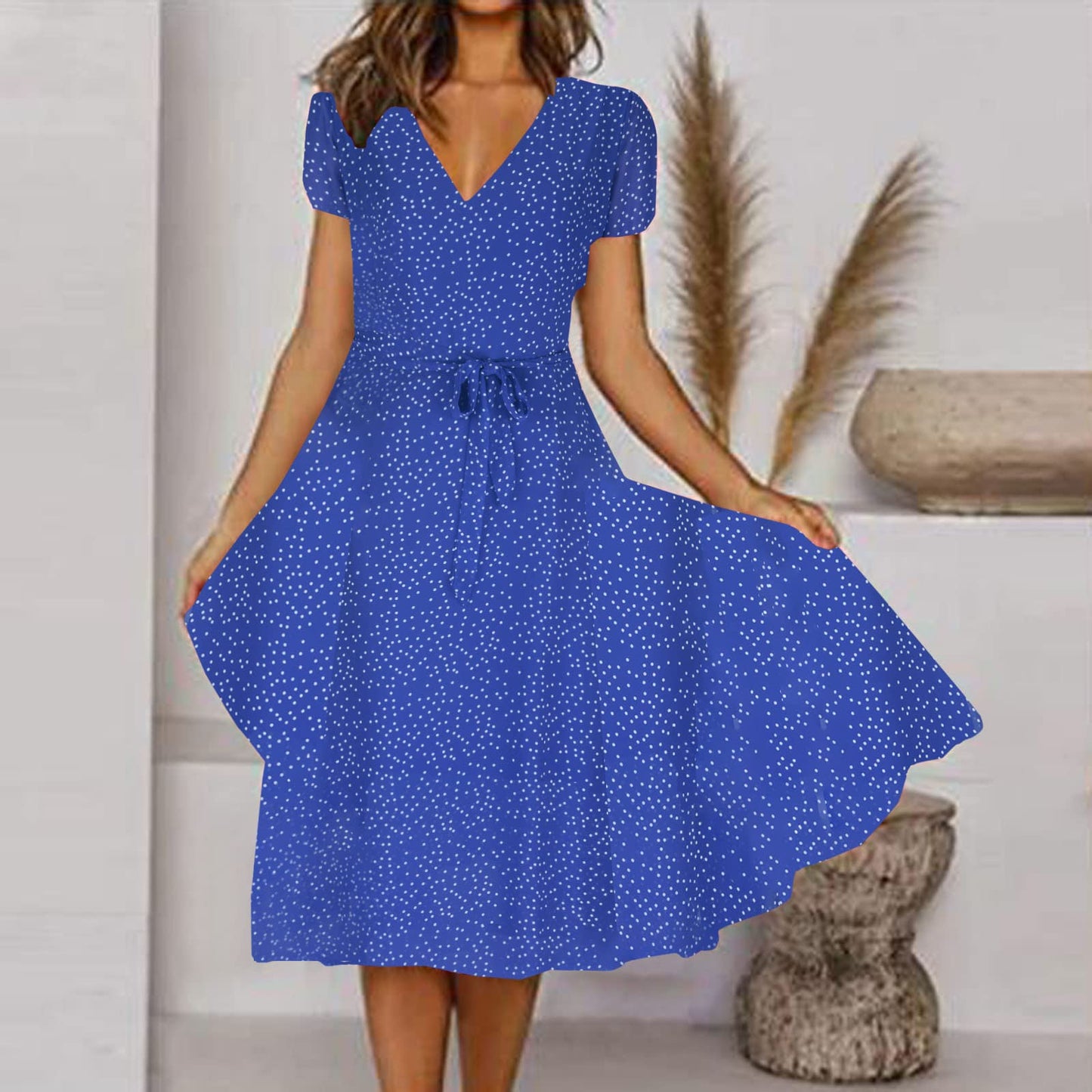 10 and Under Gifts, Dresses for Women 2024 Casual Fashion V Neck Swing Polka Tie Waist Dress Summer Ruffle Short Sleeve Midi Sundress