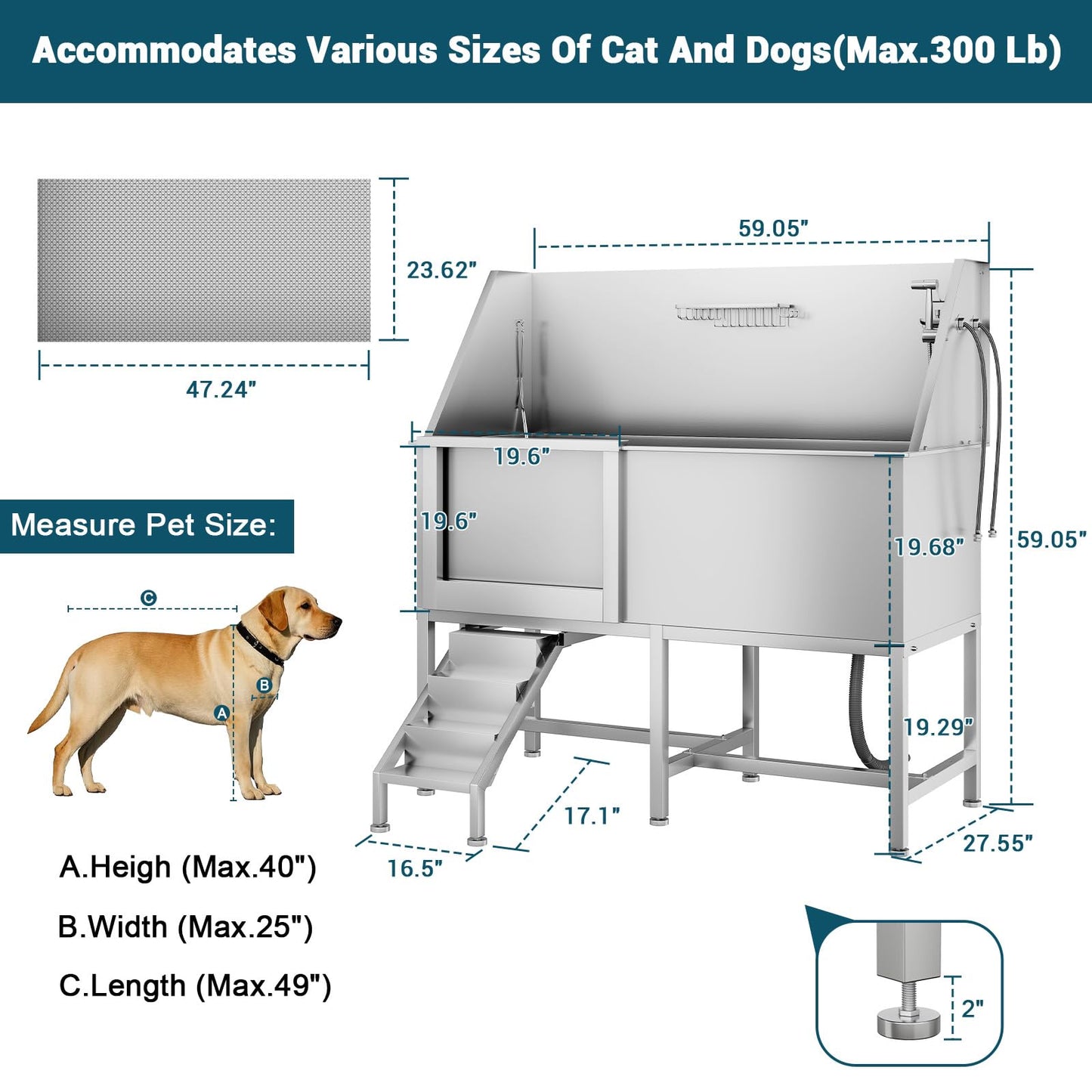 COOLYI 62'' Stainless Steel Dog Washing Station for Large Dogs, Heavy Duty Dog Grooming Bathtub with Bath Brush & Washing Gloves, Pet Bathtub for Dogs with Retractable Ramp