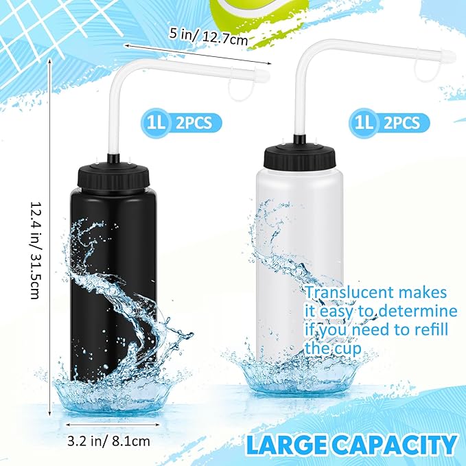 Domensi 4 Pack 1 Liter Sports Water Bottle W/Long Straw Hockey Lacrosse Water Bottle with Straw BPA Free Easy Squeeze Plastic Use W/Sport Helmet in Football Baseball Gym Yoga(Black, Translucent)