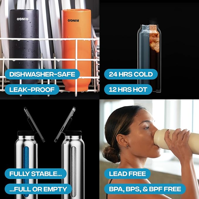 Ringo Insulated Water Bottle - Compatible MagSafe Water Bottle w/Phone Holder - Stainless Steel School Water Bottle w/Magnetic Phone Mount for Kids & Adult-Hot 12H, Cold 24H 360° Rotate - Black 32oz