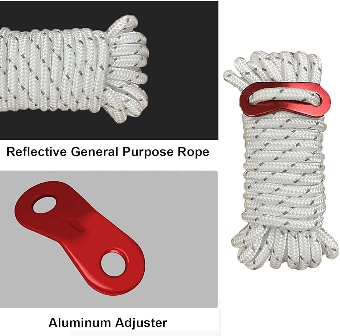 10 Pack 4mm Outdoor Guy Lines Tent Cords Reflective Canopy Wind Rope Lightweight Camping Rope with Aluminum Guylines Adjuster for Tent Tarp, Canopy Shelter, Camping, Hiking, Backpacking White