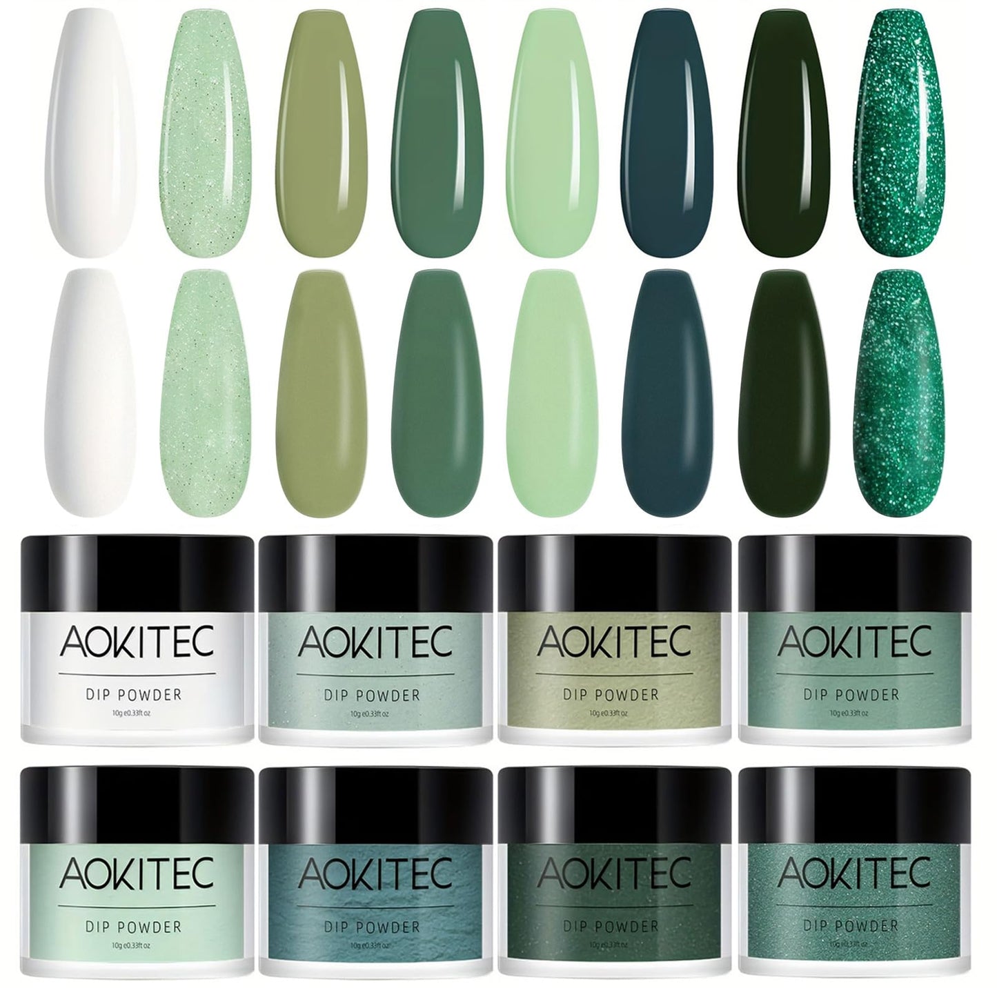 Aokitec 8 Colors Dip Powder Nail Set, Mermaid Lagoon Dark Green Collection Glitter Pastel Dipping Powder Starter Kit French Nail Art Manicure DIY Salon Home Gifts for Women, No Need Nail Lamp Cured