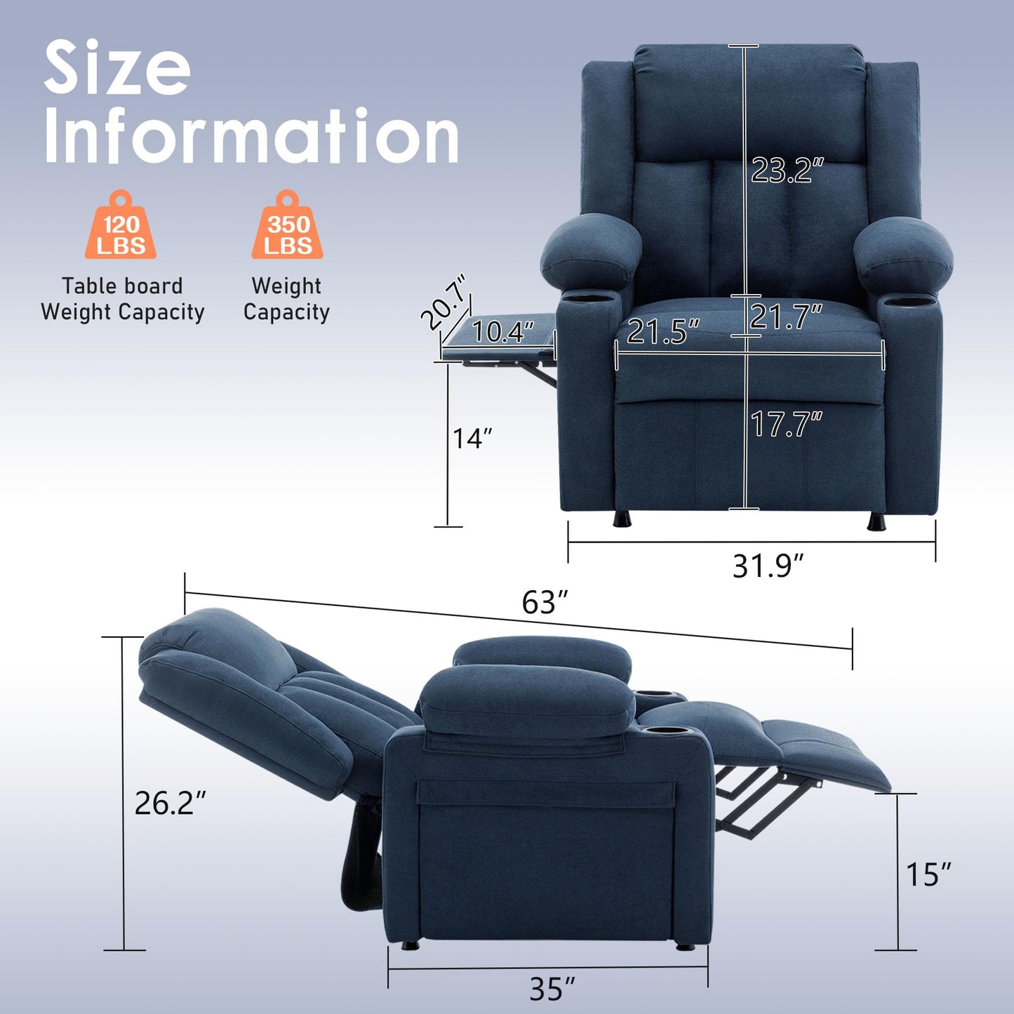 Andeworld Power Recliner Chair,Reclining Sofa Chair with Heat and Massage for Adults, Upholstered Heating Point Theater Seating Single Sofa with Side Pockets Sidetable for Living Room, Blue