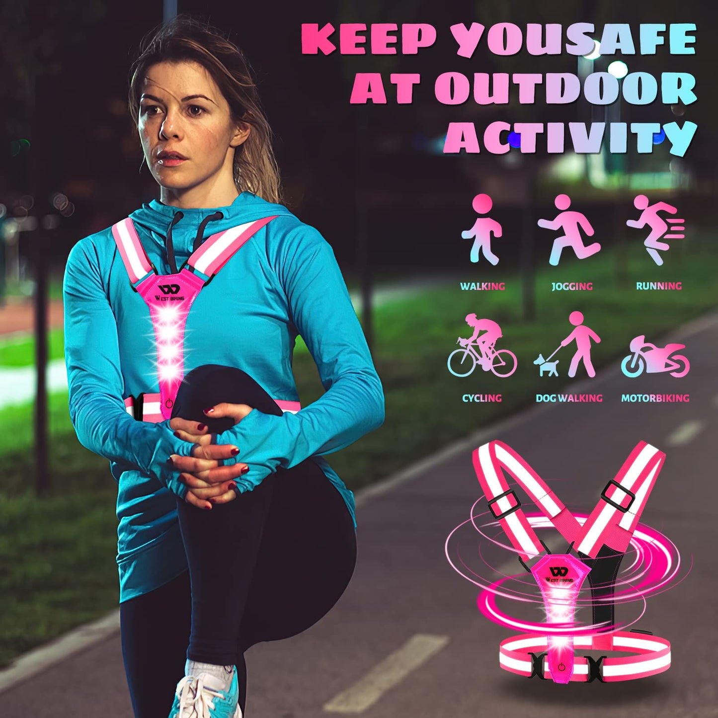 West Biking Running Vest Light - Led Running Reflective Gear for Walking at Night, High Visibility Night Rechargeable Light Up Running Vest, Adjustable Running Lights for Runners (Pink)