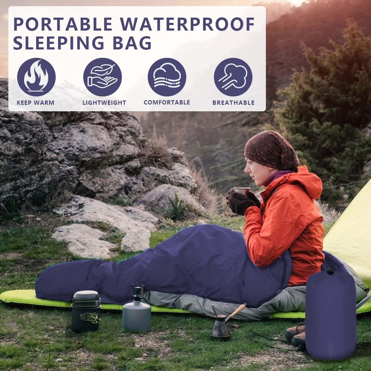 OBTANIM Camping Sleeping Bags Portable Waterproof Sleeping Bag for Adults Kids 4 Seasons Winter, Fall, Spring, Summer Backpacking Hiking Camping Mountaineering Indoor Outdoor Use (Dark Blue)