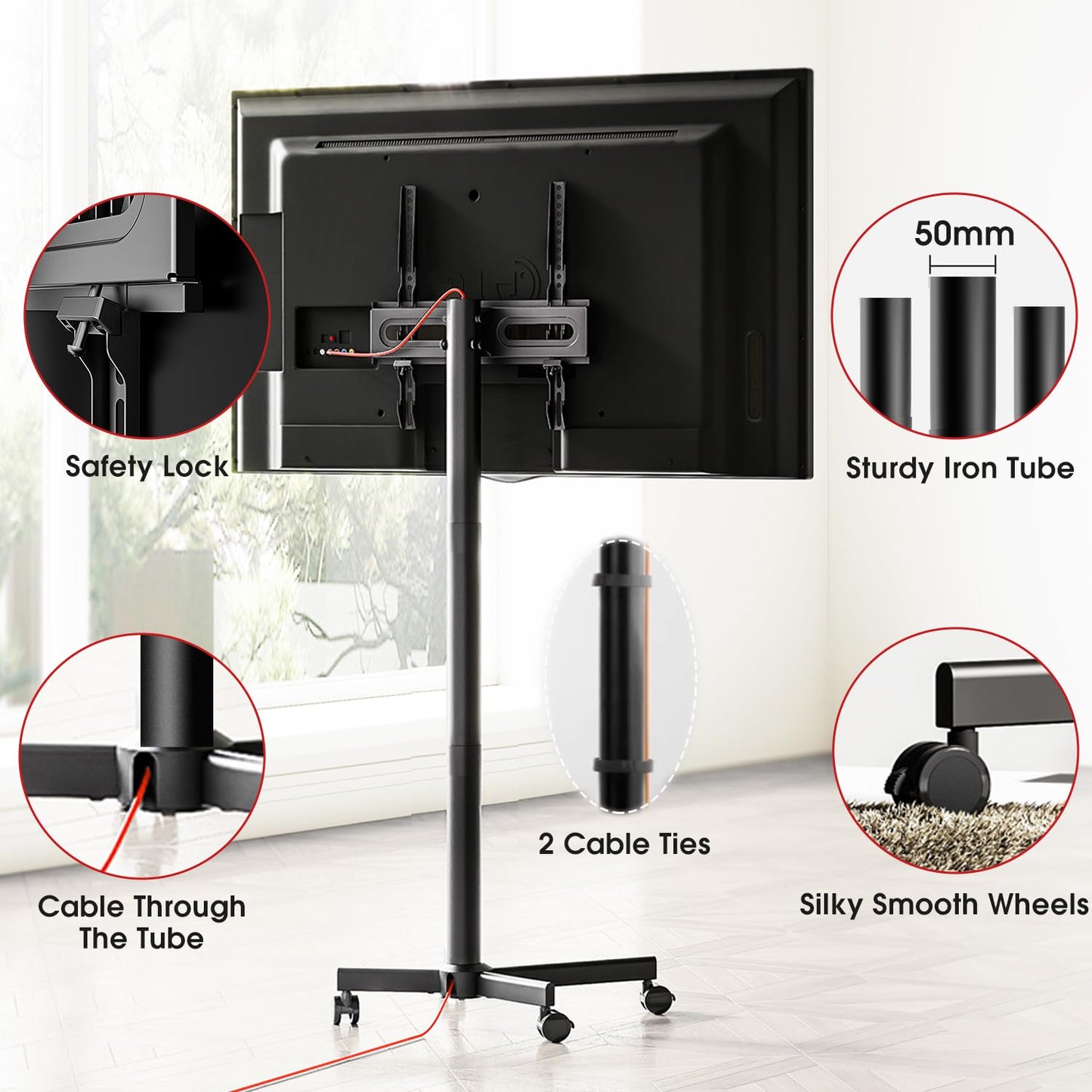 AOKCOS TV Cart Rolling TV Stand - Mobile TV Stand for 32-65 inch Flat/Curved TVs Holds up to 88 Lbs, Portable TV on Wheels with Tilting for Living Room, Bedroom, Office, Max VESA 400x400mm