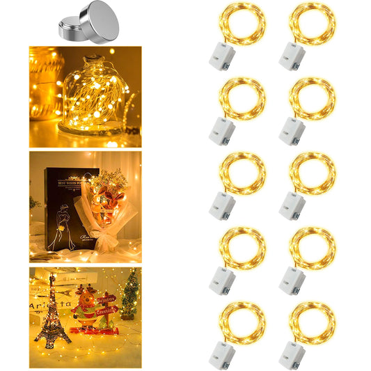 10 Pack Fairy Lights Battery Operated - 3 Speed Modes, 7Ft 20 LED String Twinkle Lights, Waterproof Copper Wire, Mini Firefly Light for Mason Jars Vases Christmas Decor, Warm White