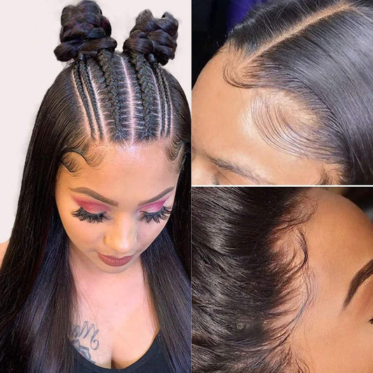 AHUFALU Straight Lace Front Wigs Human Hair Glueless Wigs for Black Women 13x4 HD Lace Wigs Human Hair Bleached Knots with Baby Hair Straight Wig Human Hair 150% Density 18 Inch