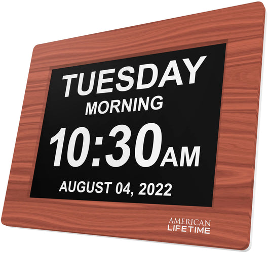 American Lifetime 【New 2025】 Dementia Clock Large Digital Clock for Seniors, Alzeimer Clock Large Display with Custom Alarms, Clock with Day & Date for Elderly, Digital Calendar Brown Wood