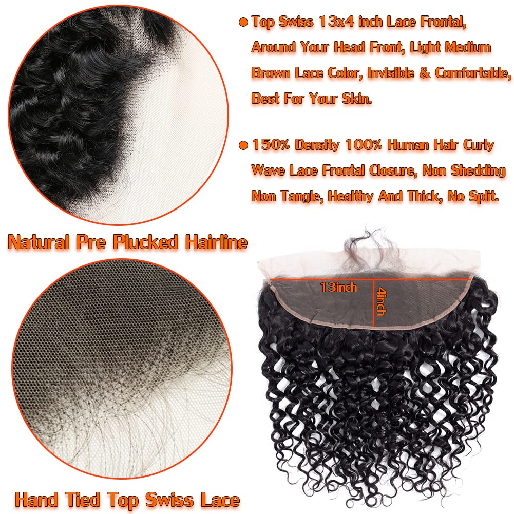 Ainimiu Curly Wave 13x4 Lace Frontal Human Hair Pre Plucked 100% unprocessed Brazilian Virgin Hair Transparent Ear To Ear Lace Frontal Closure With Baby Hair Natural Black 18inch