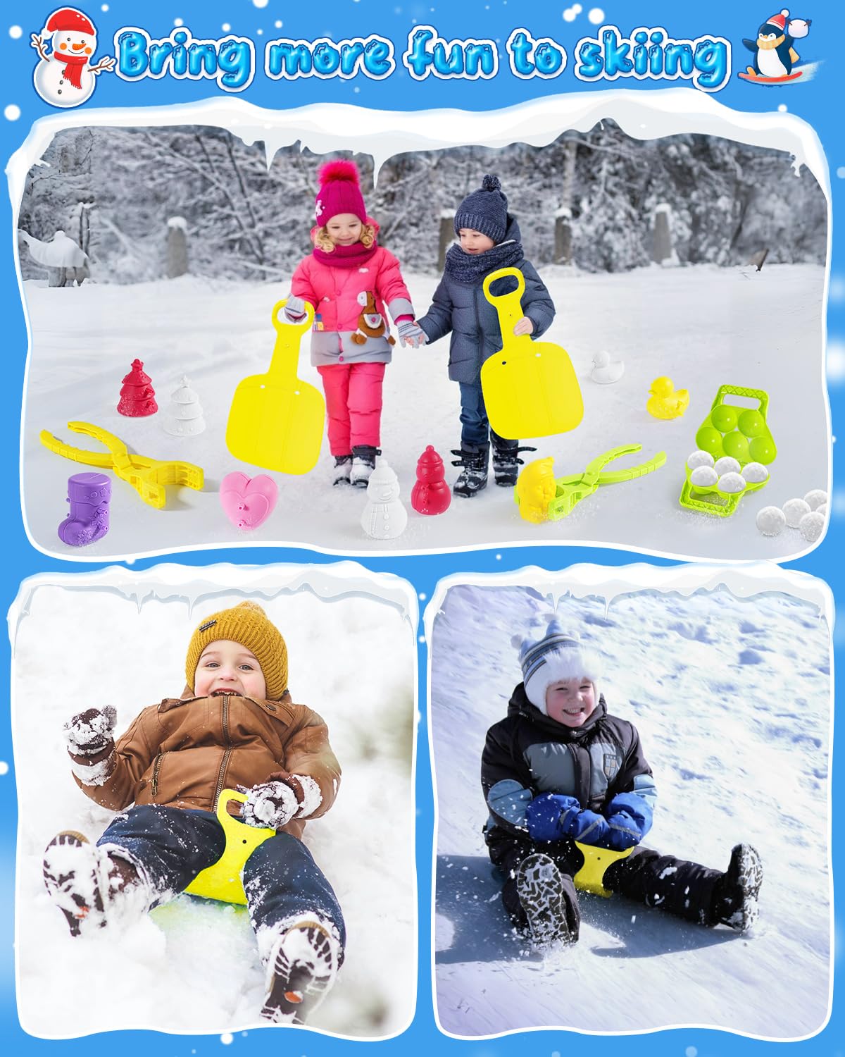 10 Pack Snowball Maker Toy, Snow Sled & Duck Snow Ball Makers Toys for Kids Ages 4-8, Winter Snow Outdoor Removable Snow Clip Toys Tool Kit for Birthday Christmas Stocking Stuffers Gifts