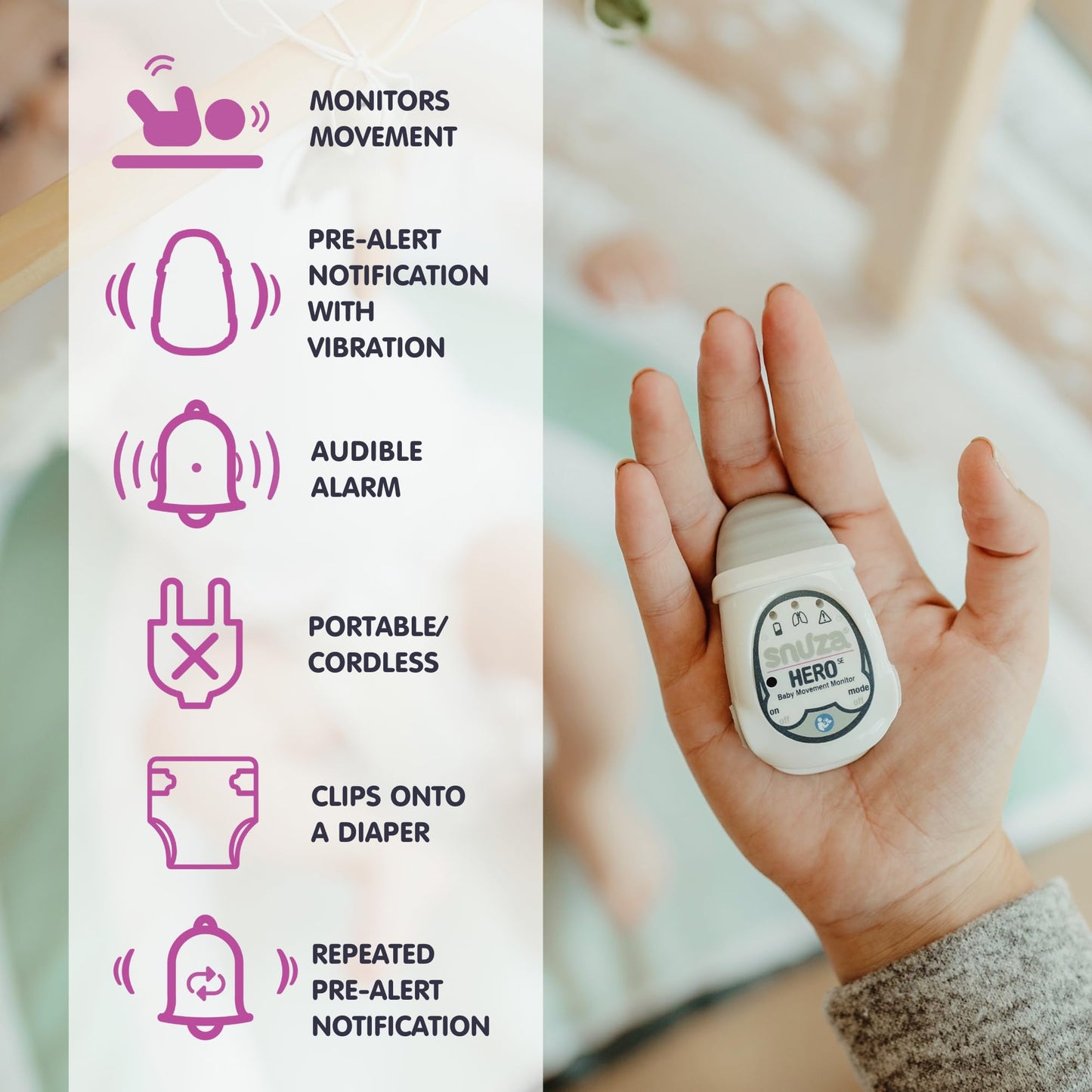 Snuza Hero Baby Monitor: Alerts When No Movement Detected, Gentle Vibration Pre-Alerts, Attaches to Nappy, No WiFi/Bluetooth, Medical Grade Material. Safer Sleep for Babies, Better Sleep for Parents.