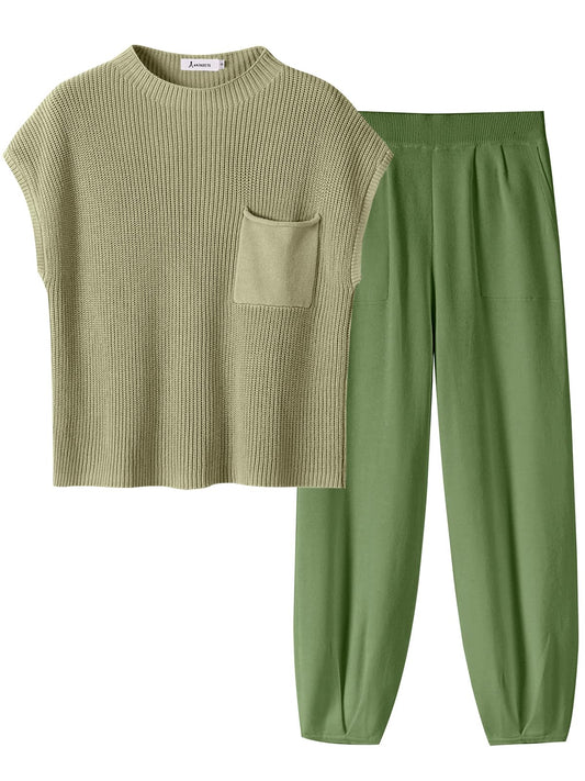 ANRABESS Women's Two Piece Outfits Knit Sweater Pullover Crop Top & Pants Lounge Matching Tracksuit Sweatsuit Sets 2024 Trendy Loungewear Clothes Grass X-Small