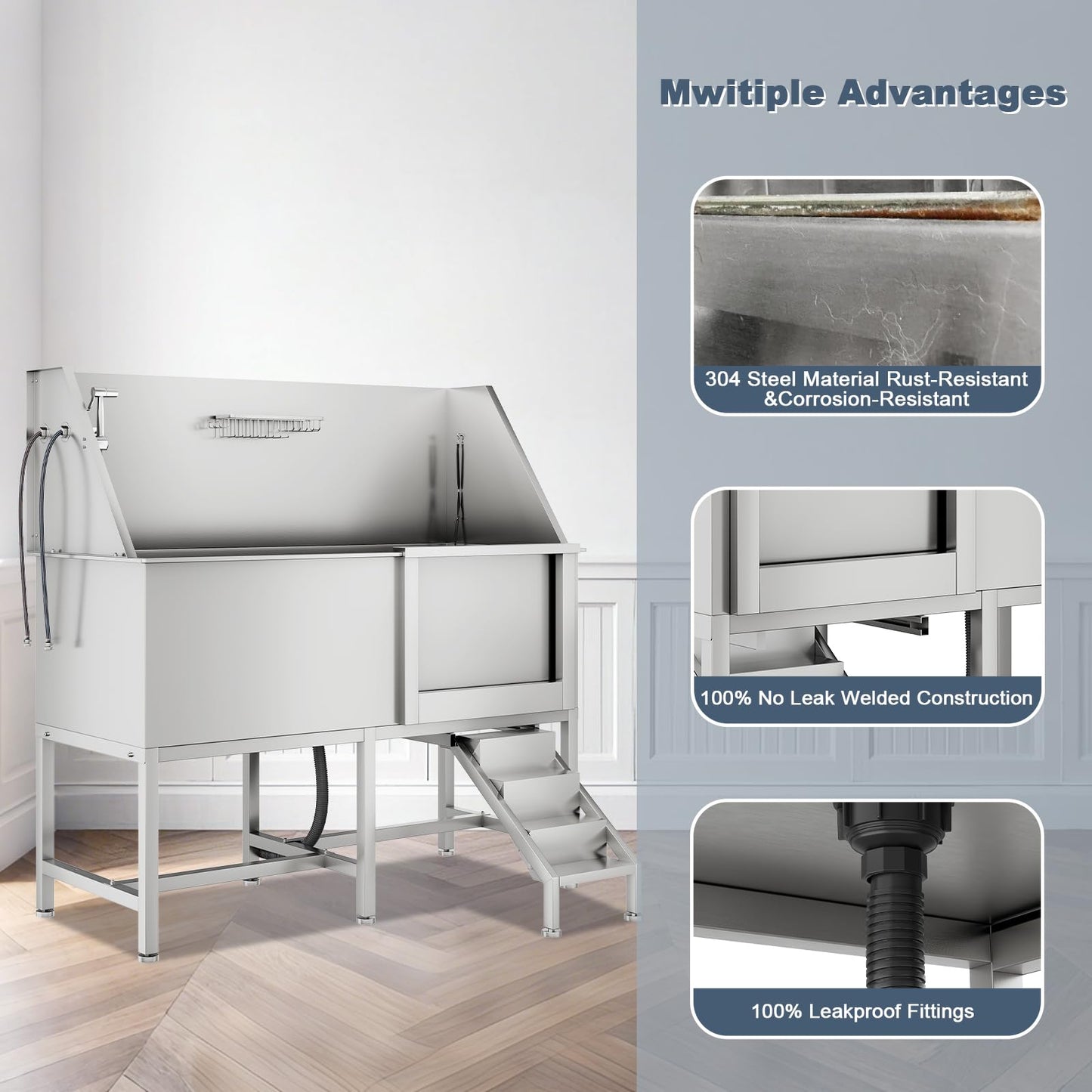 62" Professional Stainless Steel Dog Bathing Station, Large Dog Washing Station W/Dog Bath Brush, Washing Gloves, Floor Grate, Dog and Cat Bath Tub, Dog Washing Sink (62 Inch Right Door)