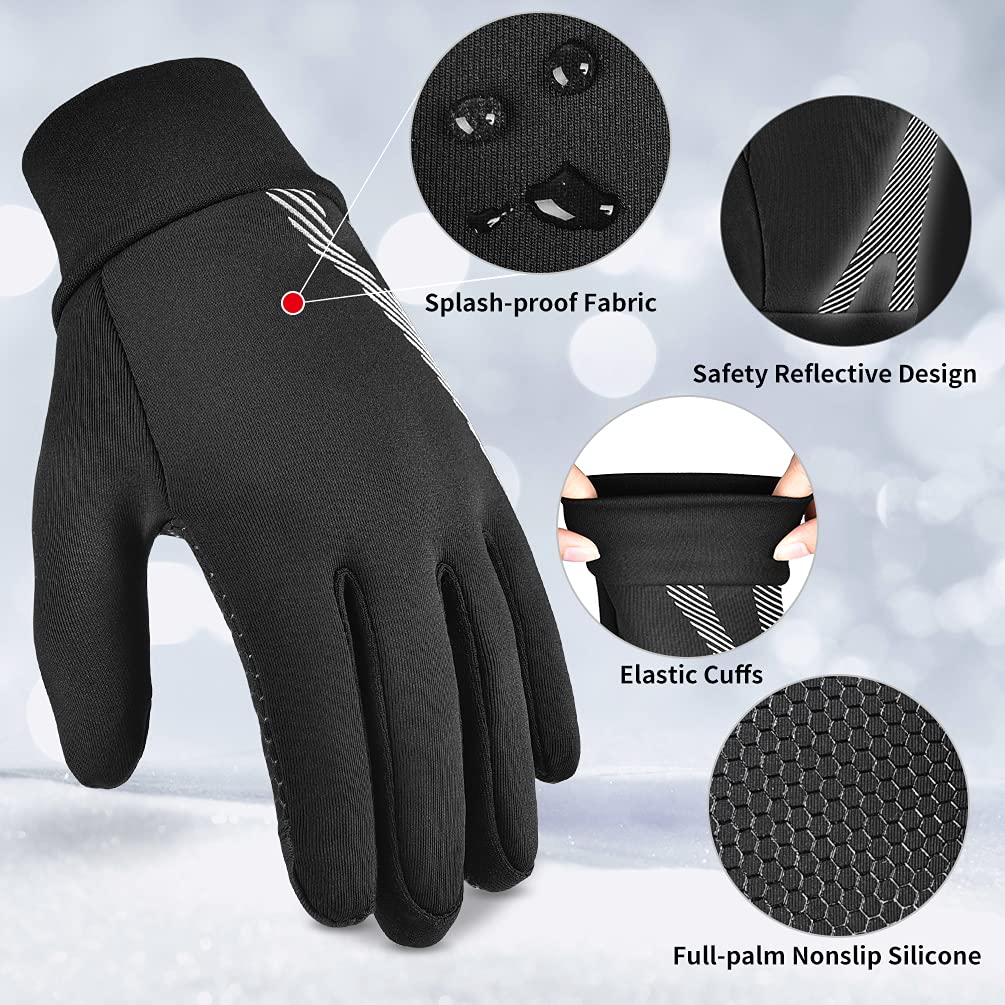 OOPOR Winter Warm Cycling Kids Gloves - Cold Weather Thermal Running Ski Bike Black Mittens Aged 4-12 Boys Girls L