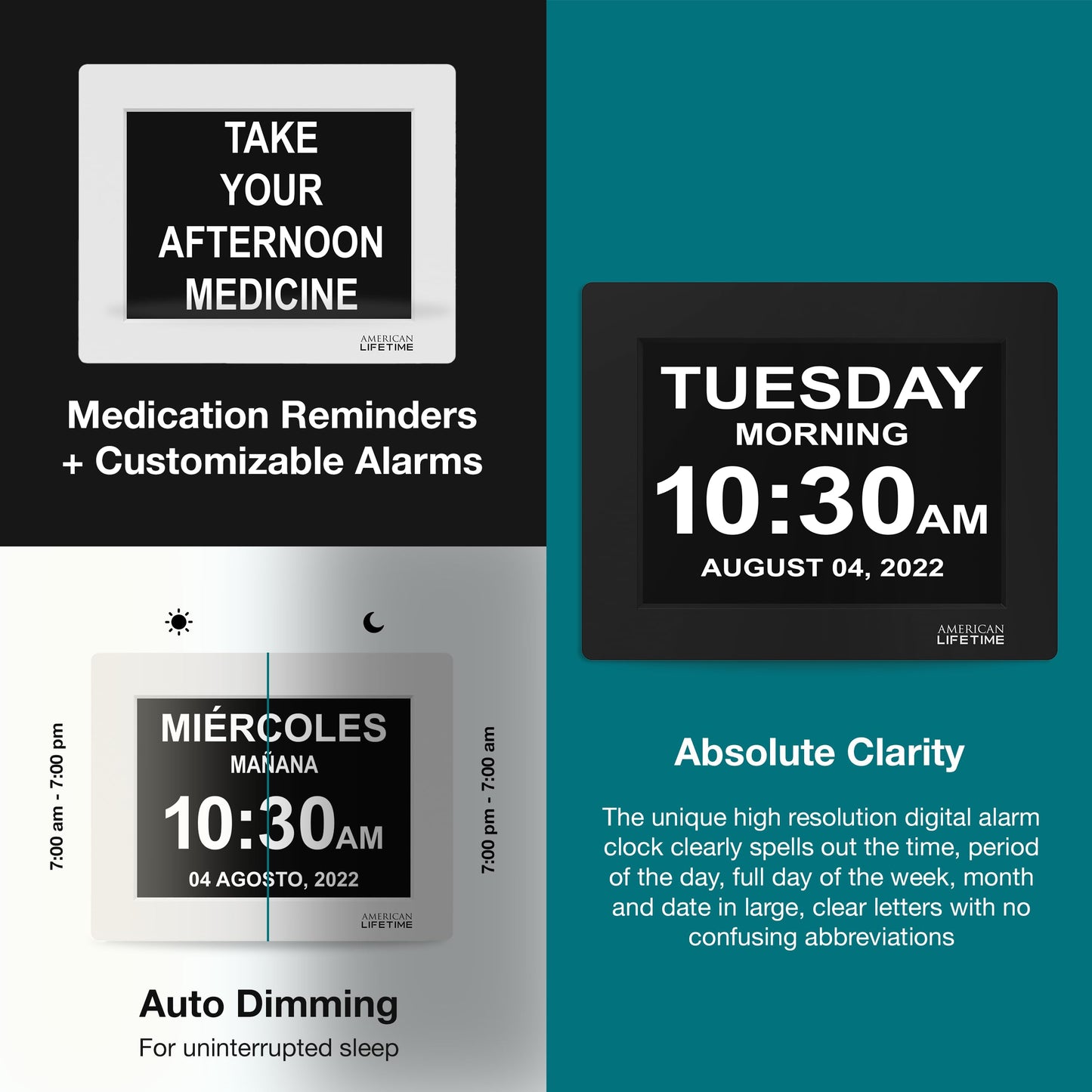 American Lifetime【New 2025】 Dementia Clock Large Digital Clock for Seniors, Alzeimer Clock Large Display with Custom Alarms, Clock with Day & Date for Elderly, Number Digital Calendar Black