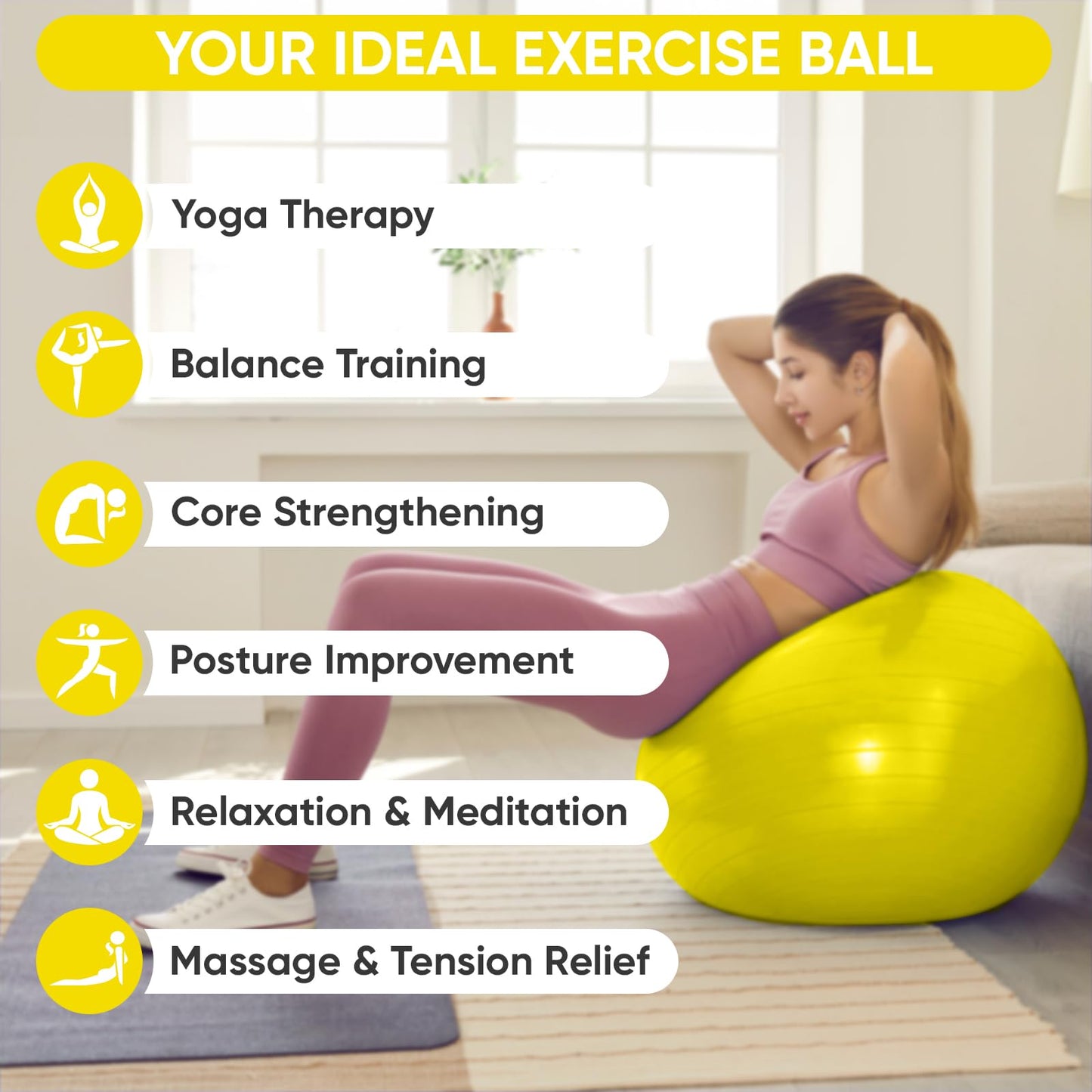 APEXUP Yoga Ball Exercise Ball, Anti Slip Stability Ball Chair, Heavy Duty Large Gym Ball for Fitness, Balance, Core Workout and Physical Therapy (S (15"~18") 45cm, Yellow)