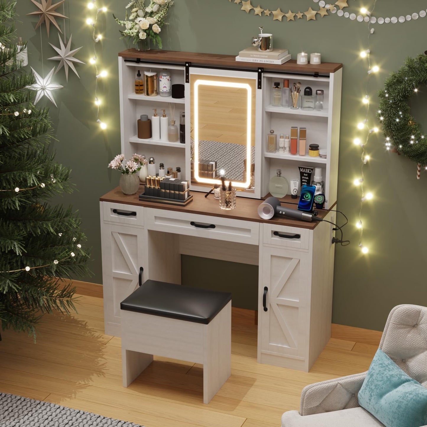 ALBAD Vanity Desk with Mirror and Lights Farmhouse Makeup Vanity Desk with Sliding Mirror and Vanity Stool Set Rustic Vanity Dresser with Organization and Storage Drawers and Power Outlet White