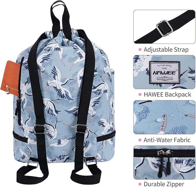 Dry Wet Drawstring Backpack with Shoe Compartment for Women Adjustable Gym Bag