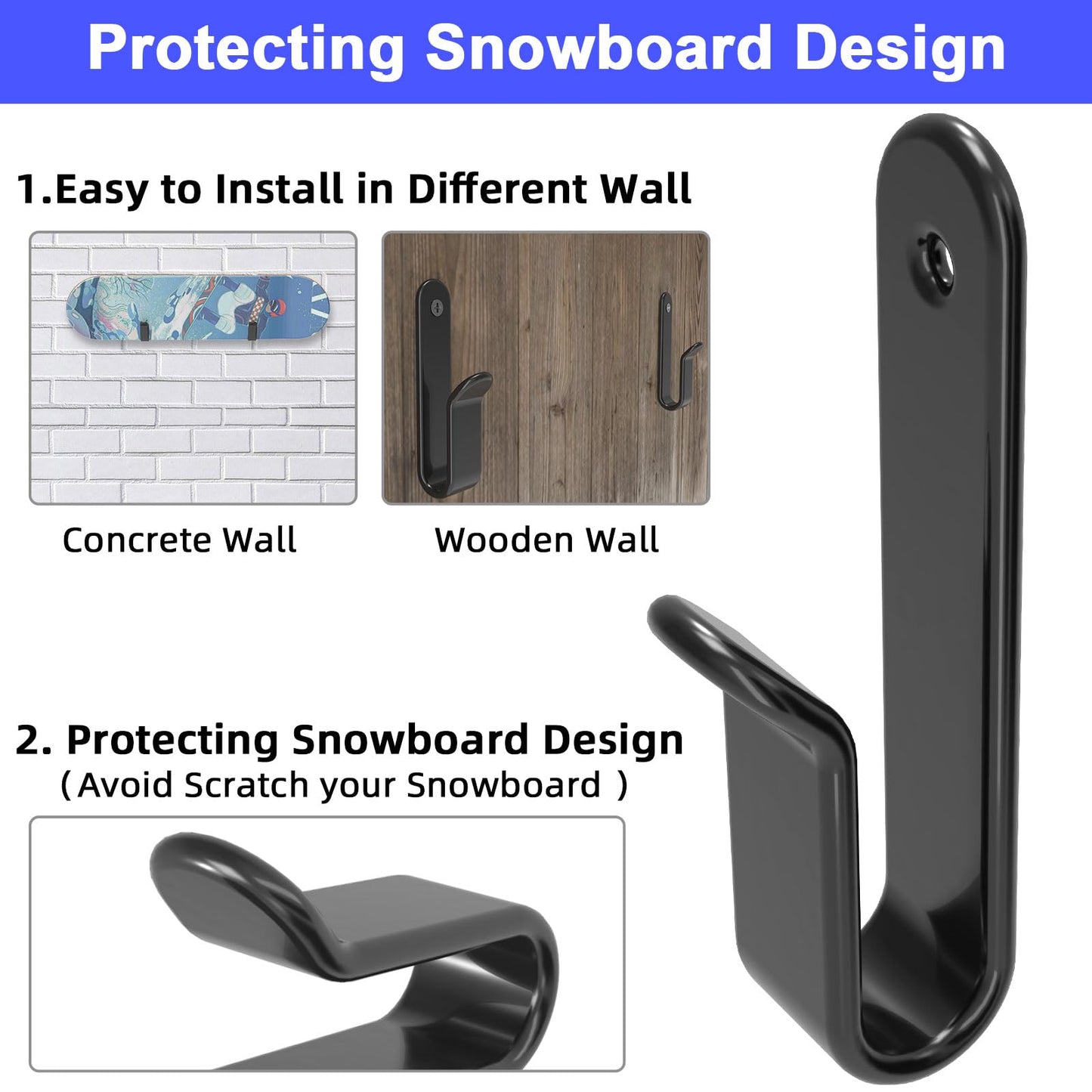 FOROIRON Horizontal Snowboard Wall Mount Clips Snowboard Wall Rack Snowboard Mount Storage Snowboard Display Wall Mount for Room, Garage (4 PCS)