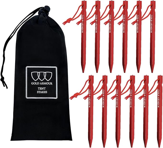 Gold Armour Tent Stakes - 12 Pack Heavy Duty, Lightweight, Camping Stakes Pegs for Outdoor Tent and Tarp, Essential Camping Gear Equipment Accessories (Red)