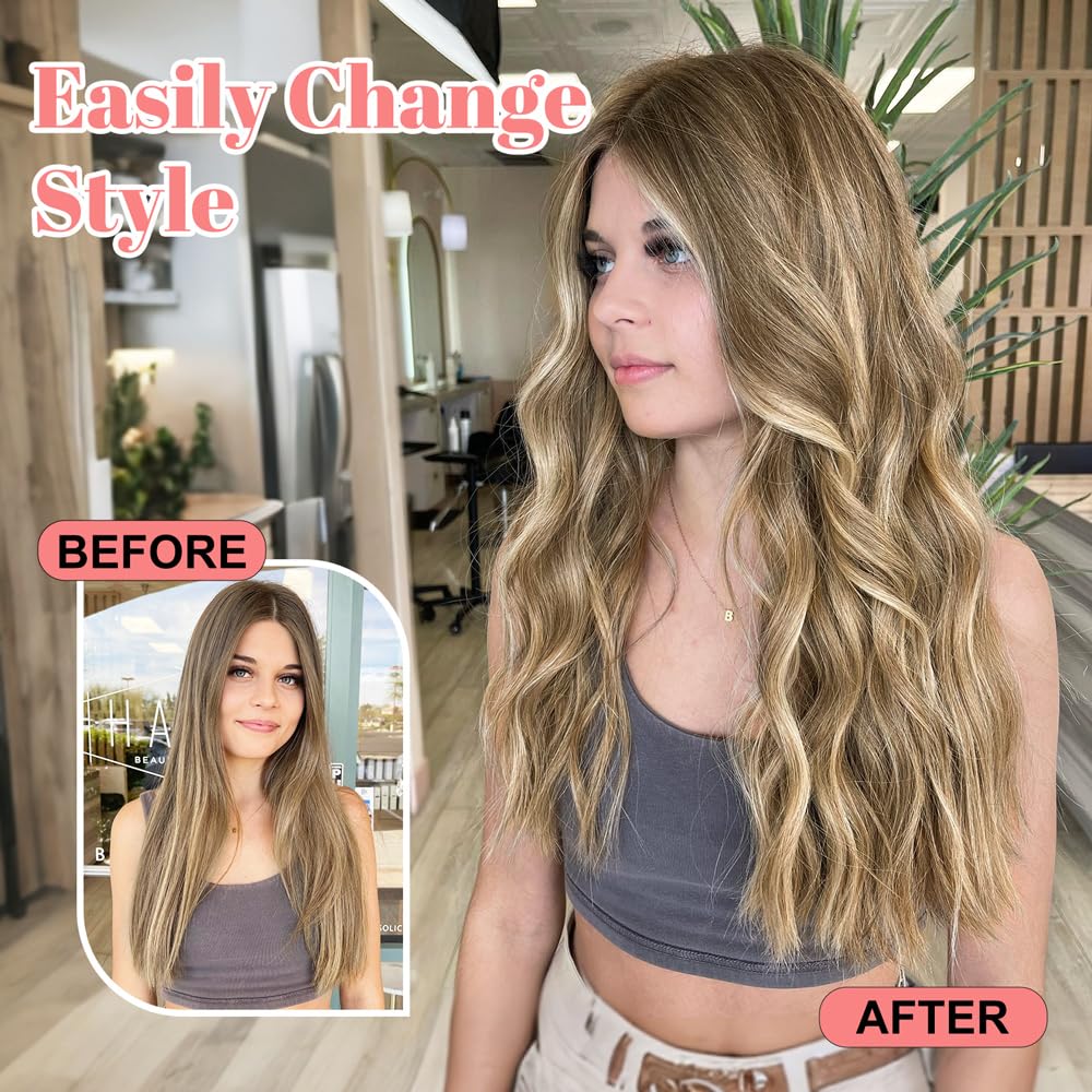 ALXNAN Clip in Long Wavy Synthetic Hair Extension 16 Inch Brown with Blonde Highlights 4PCS Thick Hairpieces Fiber Double Weft Hair for Women