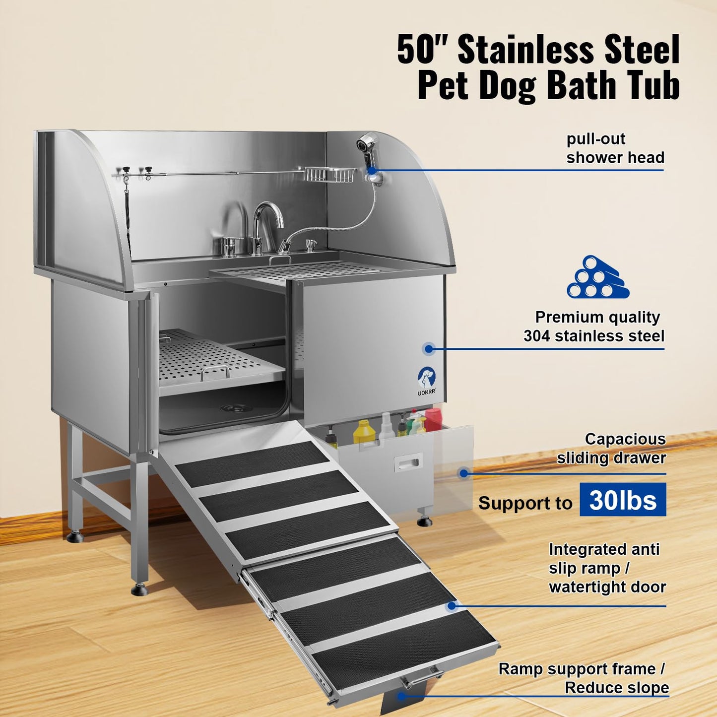 Professional Dog Washing Station 50" w/Integrated Ramp for Home, Stainless Steel Bathing Station for Large, Medium & Small Pet Dog Grooming Tub with Door, Storage Drawer