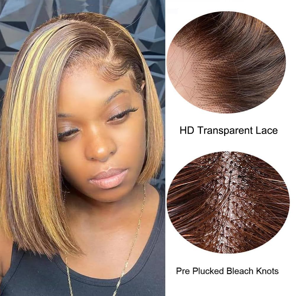 10 Inch Highlight Ombre Lace Front Wig Human Hair Glueless Bob Wigs Human Hair Pre Plucked, 4/27 Highlighted Honey Blonde HD Lace Front Wigs Human Hair Wigs For Black Women 180 Density