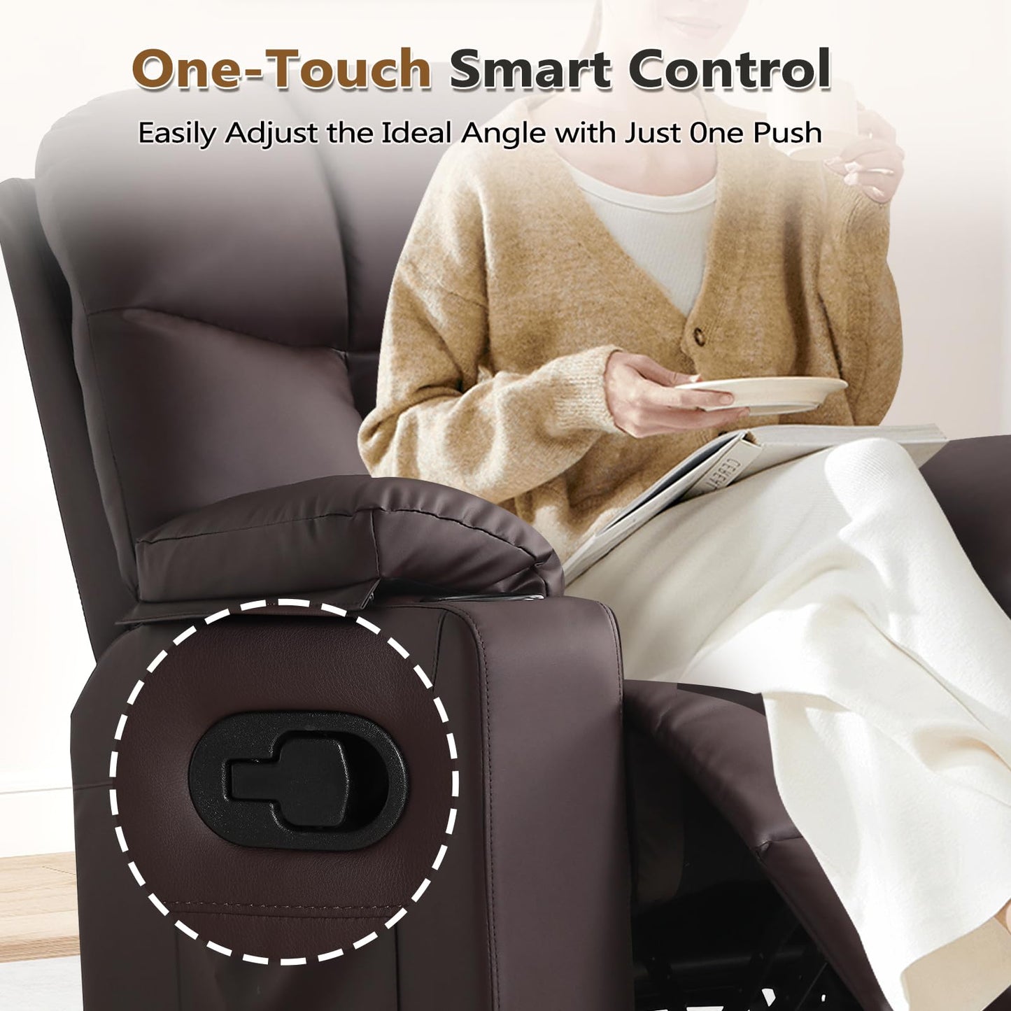 ANJ Swivel Rocker Recliner Chair Set of 2, Brown PU Leather, Manual 3-Position Reclining with Massage & Heat, Cup Holders for Living Room