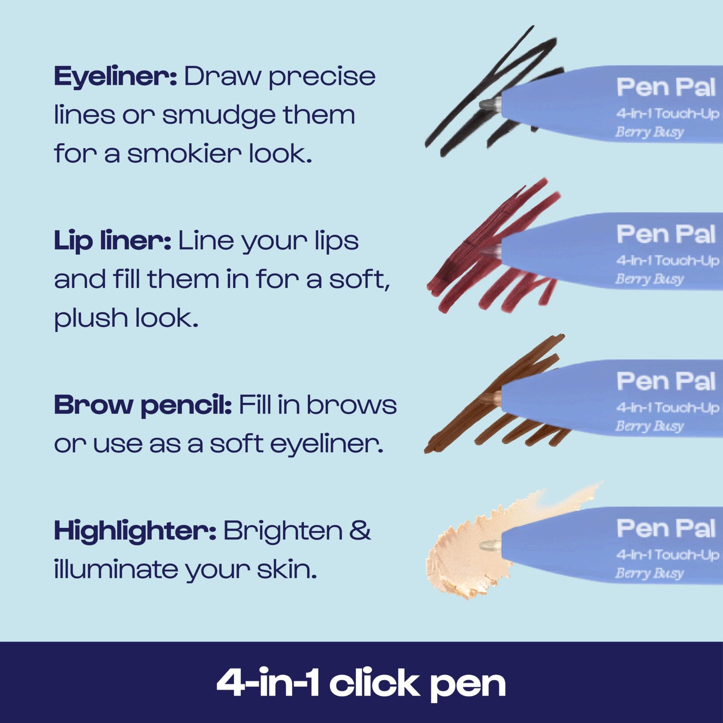 Alleyoop Pen Pal 4-in-1 Makeup Pen – Comes with Eyeliner, Lip Liner, Highlighter Makeup & Eyebrow Pencils for Women – Portable, Touch-Up On the Go – Cruelty-Free, Vegan (Berry Busy (Medium - Deep)